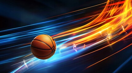 Basketball action shot with dynamic motion blur and vibrant color trails
