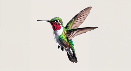 Fototapeta premium Portrait delicate hummingbird hovering on plain white background illustration
