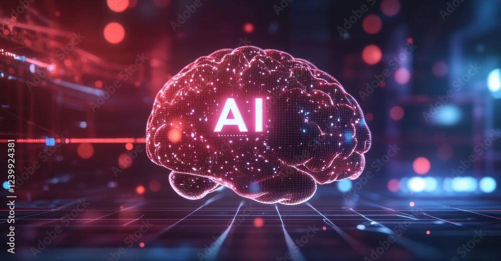 Poster artificial intelligence glowing inside a digital brain on a futuristic background