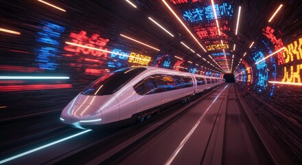 High-Speed Tunnel Transit: A futuristic high-speed train races through a vibrantly illuminated tunnel, conveying a sense of speed and technological advancement.