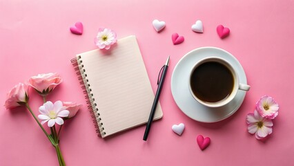 Elegant International Women's Day Pink Flatlay: Hearts, Flowers, Coffee & Space for Messages