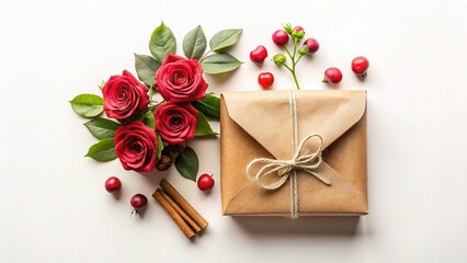 Eco-Friendly Vintage Gift Box & Envelope with Cinnamon Roses & Berries - Valentine's Day Flat Lay