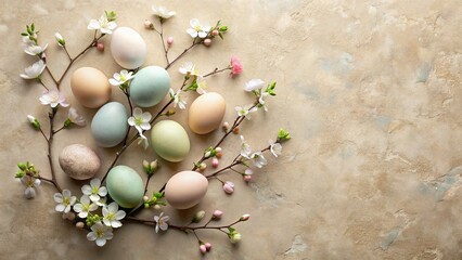 Obraz premium Elegant Pastel Easter Eggs & Spring Blossoms Still Life - Minimalist Top View