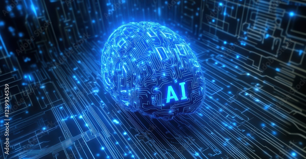 Poster Digital brain with AI text glowing on circuit board background