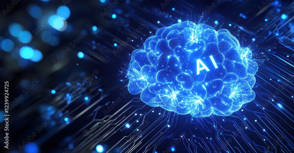 Poster Digital brain representing AI technology over circuit board