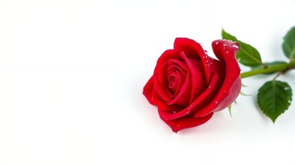 Fototapeta premium Single Red Rose with Dew Drops on White Background