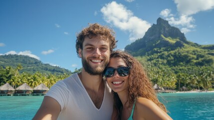 Obraz premium Happy couple taking selfie, tropical beach vacation, mountain backdrop, idyllic getaway