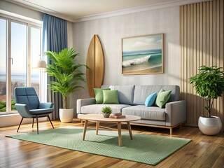 Minimalist Modern Living Room with Sofa, Chair & Surfboard