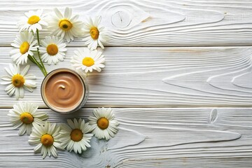 Mocha Mousse Chamomile Flowers Flat Lay, Top View, White Wooden Background