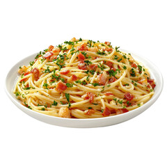 Delicious spaghetti with bacon and herbs, served in white bowl, garnished with fresh parsley. Perfect for pasta lovers
