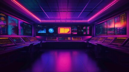 Neon-lit control room with multiple monitors displaying data and graphs.
