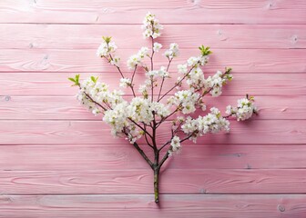 Overhead Flat Lay: Spring Cherry Blossom Branches on Pastel Pink Wood