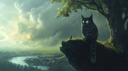 Majestic Owl Perched on Cliff Overlooking Serene Valley