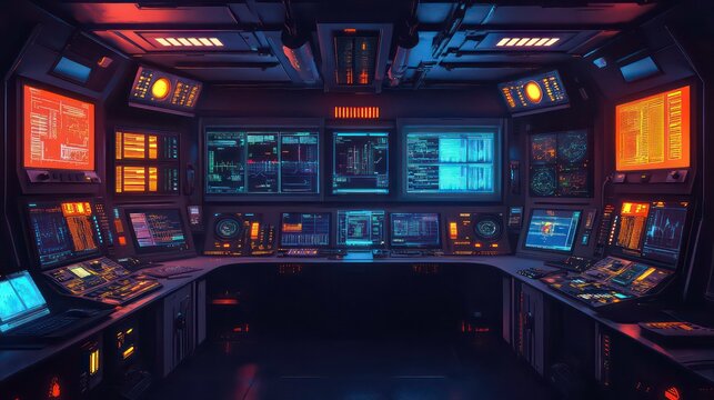 Futuristic control room interior with numerous monitors displaying data.