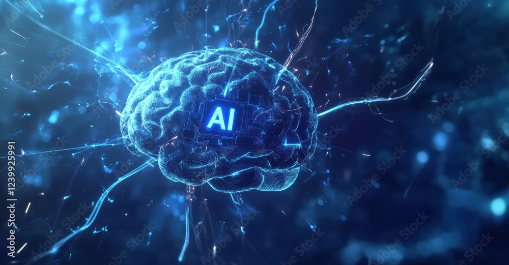 Poster Digital brain with AI text representing artificial intelligence and data connection