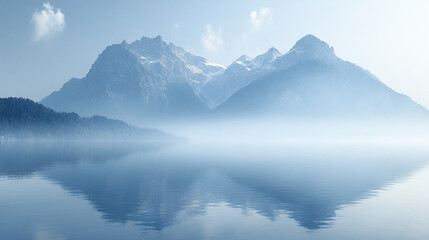 An isolated mountain stands tall against a serene ocean, symbolizing solitude and strength. The tranquil landscape represents balance and peace, with ample space for interpretation