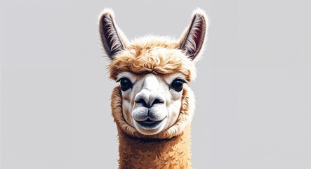 Obraz premium Portrait fluffy alpaca curious on plain white background illustration