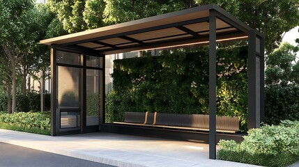 there is a bench that is sitting in the shade of a shelter