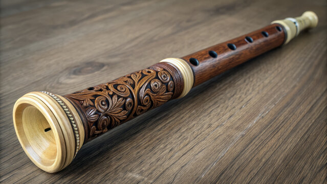 Intricate wooden shawm with detailed carvings and polished finish