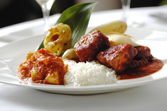 Elegant Nasi Impit with Rendang and Sambal on a Plate
