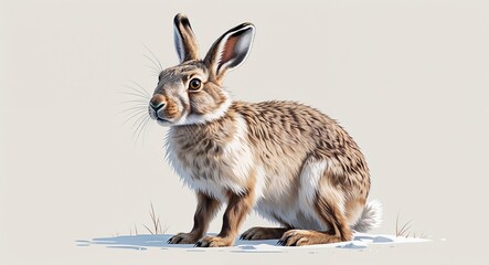Obraz premium Portrait fluffy arctic hare curious on plain white background illustration