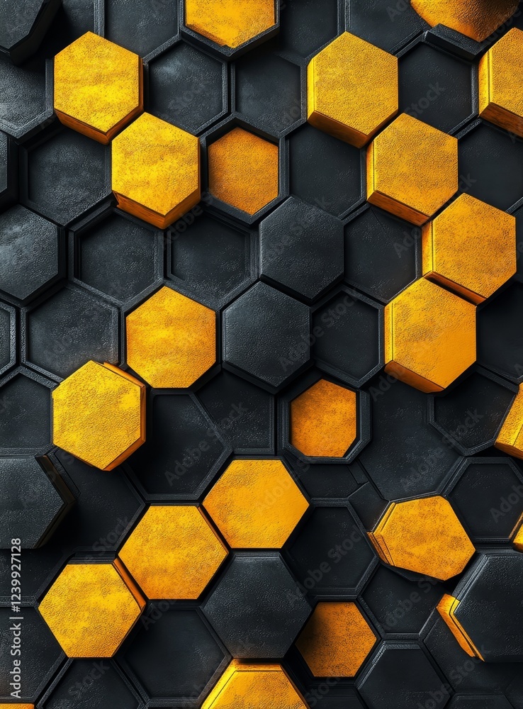 Poster Abstract 3D hexagon pattern in yellow and black.