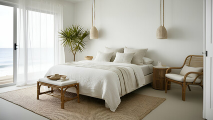 Fototapeta premium A serene minimal bedroom interior with comfortable coastal-style home decor