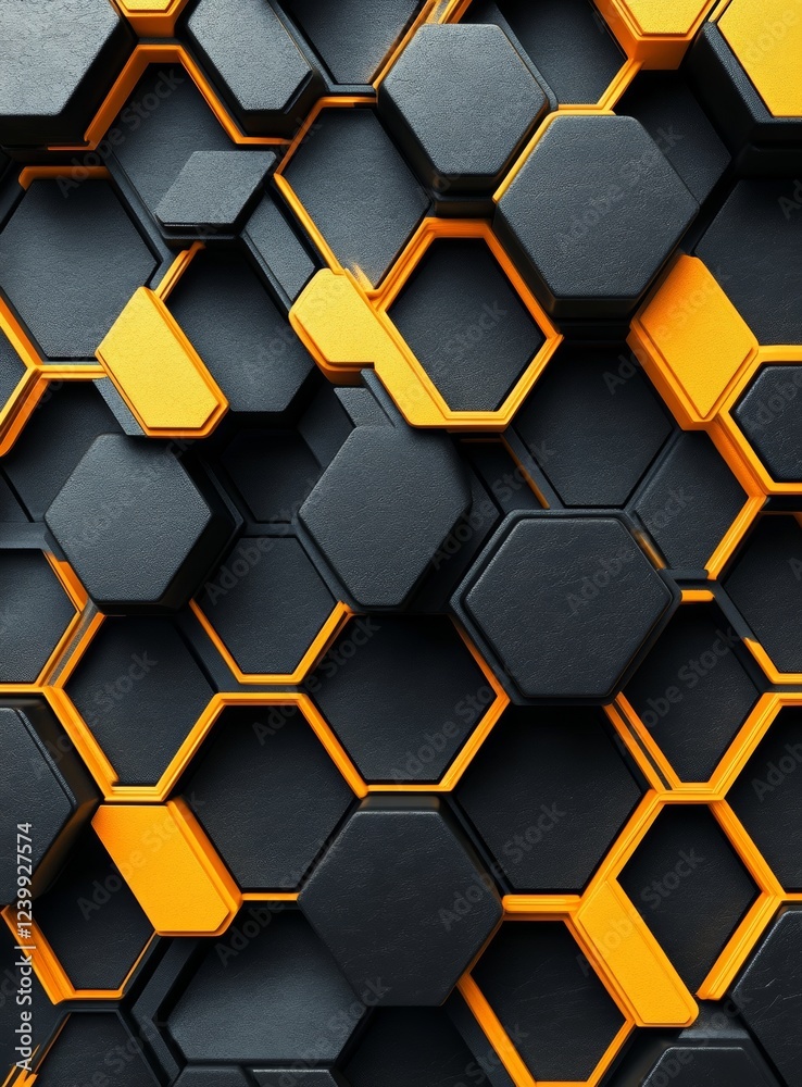 Poster Abstract 3D hexagonal pattern in black and orange.