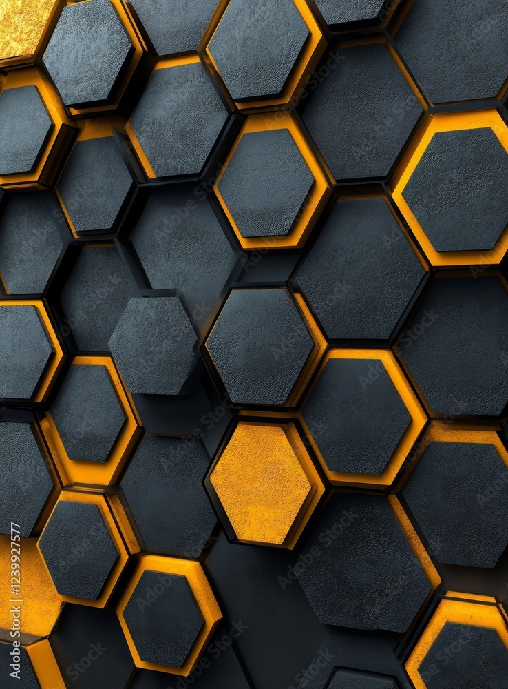 Aufkleber Abstract 3D hexagonal pattern with black and orange glowing edges.