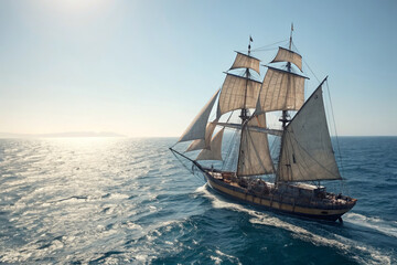 Classic schooner sailing ship on ocean, showcasing vintage design and beauty