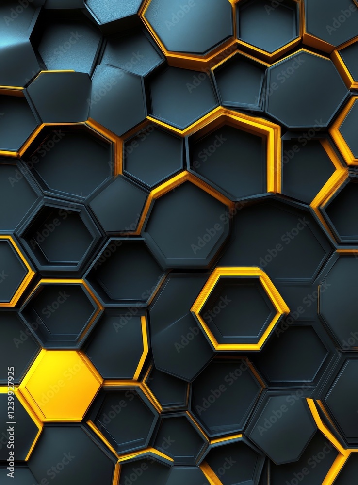 Poster abstract dark hexagon pattern with yellow accents.