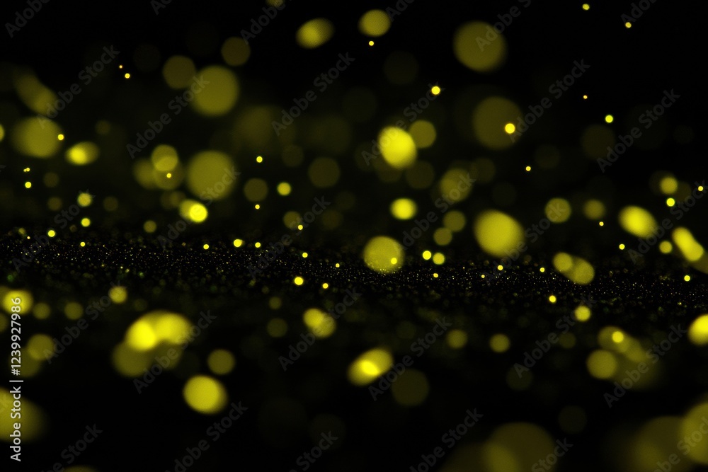 Poster yellow bokeh lights creating soft dreamy effect on black background