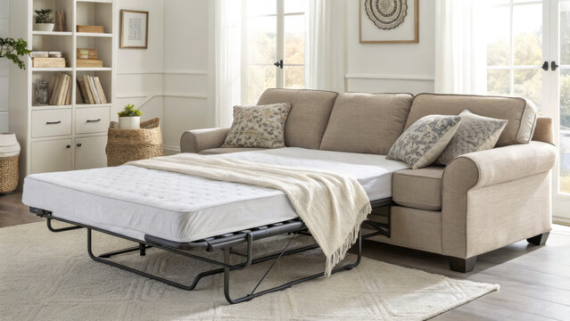 Comfortable pull out sofa bed with soft cushions and cozy throw blanket. Ideal for small spaces