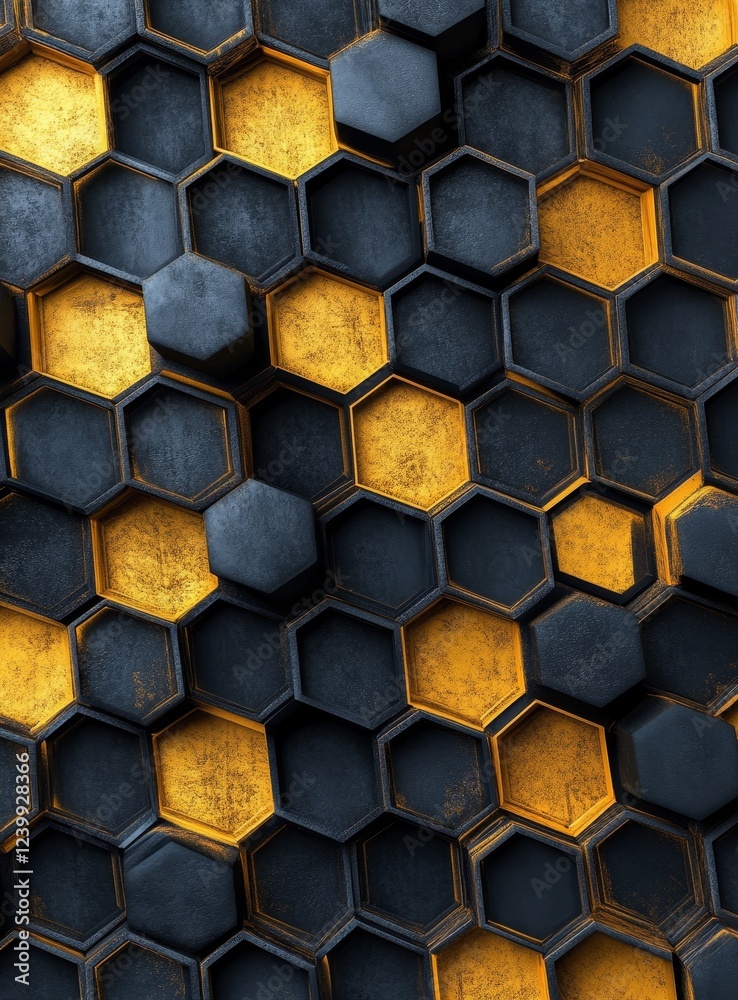 Aufkleber Abstract 3D hexagonal pattern with gold and black elements.