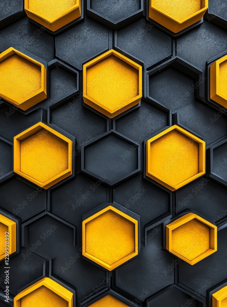 Poster abstract yellow and black hexagon pattern.