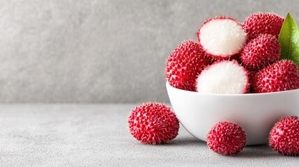 Red lychees in bowl, grey background, food photography, recipe website