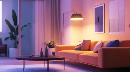 Modern living room with orange sofa, coffee table, and warm ambient lighting creates a cozy and inviting space