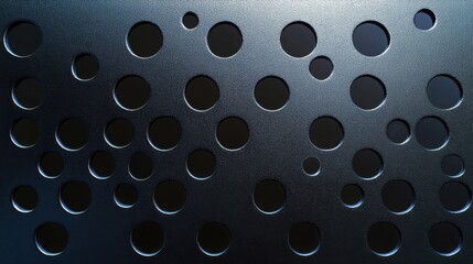 Abstract Metal Perforated Sheet: Dark Grey Circles on Brushed Steel Background