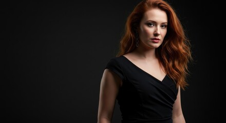 Naklejka premium Elegant Portrait of a Woman with Red Hair in Stylish Black Dress on Dark Background