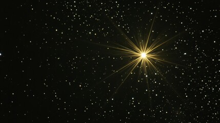 Bright star shining in the dark sky with lens flare and many small stars