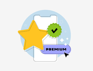 Verified mobile messenger profile with star icon symbolizes achievements and top ratings. Premium messenger account highlights exclusivity, paid features and trusted communication vector illustration