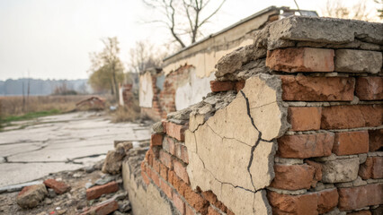 Fototapeta premium Cracked brick wall of dilapidated building in abandoned area