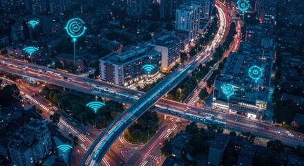 Smart City Network: Illuminated cityscape showcasing data flow, capturing the essence of connectivity, advanced communication, and integrated technology.