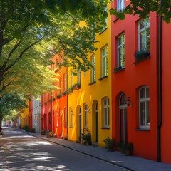 Fototapeta premium A row of colorful buildings with a tree in the background