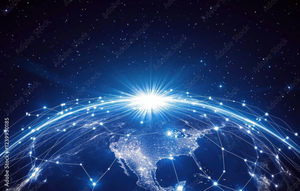 Poster planet earth with bright lines connecting cities, symbolizing global internet network