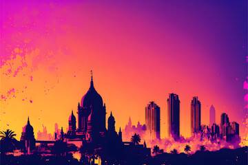Fototapeta premium Futuristische Stadtlandschaft mit historischer Silhouette im Sonnenuntergang