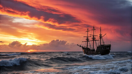 Obraz premium majestic ship sailing through dramatic waves at sunset, creating stunning ocean scene
