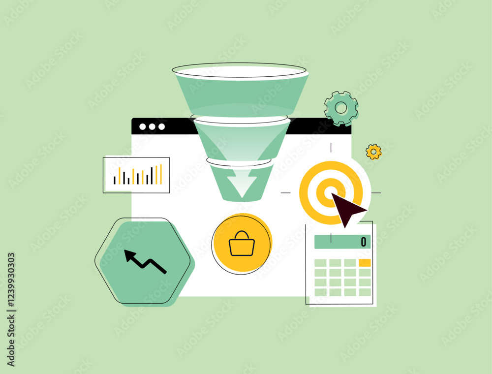 Poster ecommerce conversion funnel illustrating conversion optimization, funnel metrics and conversion rate
