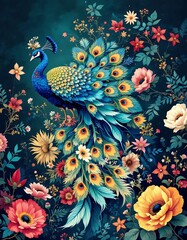 Fototapeta premium Majestic Peacock Amidst Vibrant Floral Tapestry: A Lush, Romantic Artwork