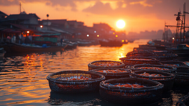 Baskets of food floating on water at dawn, symbolizing artisanal fishing techniques. The tranquil water reflects the peaceful scene, with a modern, blurred background creating a space for storytelling